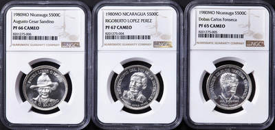 【俄甄集藏】“万象更新、马呈祥瑞”迎新春俄甄精品场-2026年(047)01-21 星期三 晚 19:30 全场包邮 - 尼加拉瓜1980年纪念革命胜利一周年民族英雄系列500科多巴精制银币3枚套，NGC PF65-67CAMEO，奥古斯托·塞萨尔·桑迪诺、里戈韦托·洛佩斯·佩雷斯、多巴斯·卡洛斯·丰塞卡，单枚重14克，925银，发行量均为7000枚，含纯银共38.85可