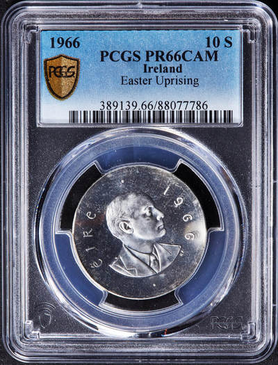 【俄甄集藏】“万象更新、马呈祥瑞”迎新春俄甄精品场-2026年(047)01-21 星期三 晚 19:30 全场包邮 - 爱尔兰1966年纪念复活节起义帕特里克·皮尔斯头像10先令精制银币，PCGS PR66CAM，重18.14克，83.3%银，精制少见，发行量20000枚