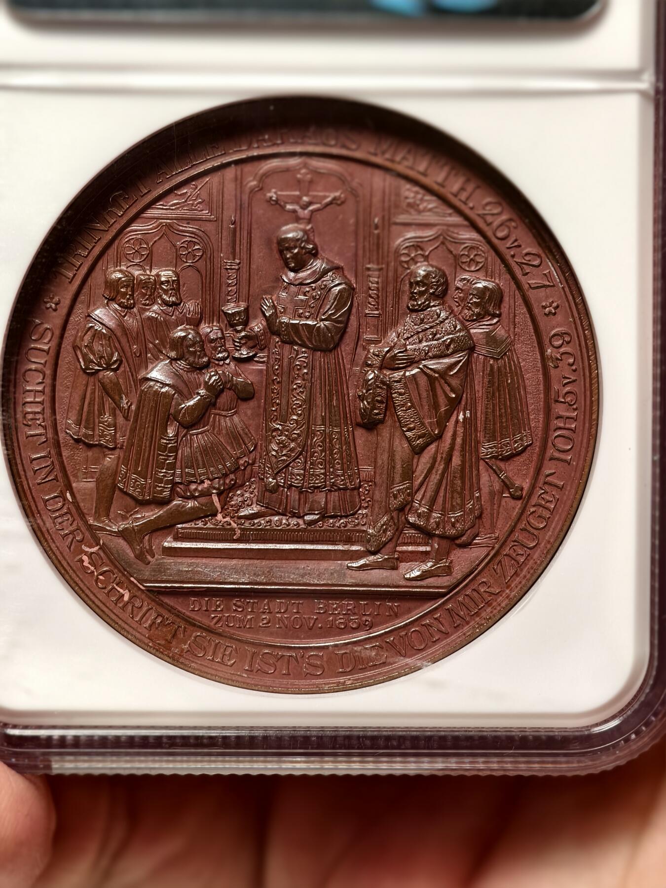 抚柳草堂-第九期章牌钱币（大寒专场） 奖章勋章限时免佣 满百包邮 放漏专场 1839 NGC MS63BN 德国年普鲁士新教改革三百年纪念铜章 加厚盒 状态一流 正面雕刻腓特烈威廉三世与约阿希姆二世