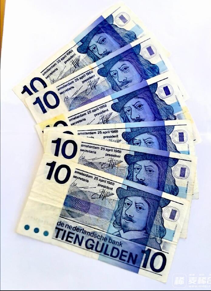 荷兰1968年人像版10盾靓品纸币6枚一组。