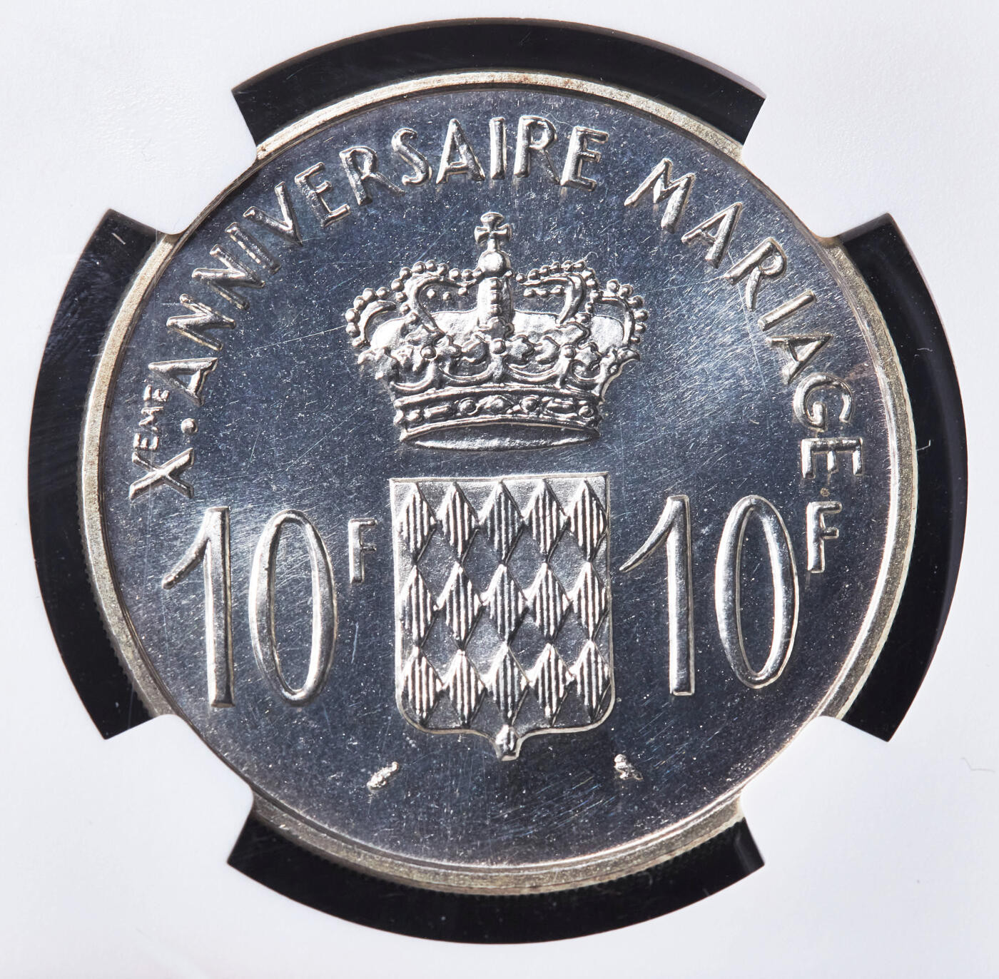 【俄甄集藏】“万象更新、马呈祥瑞”迎新春俄甄精品场-2026年(047)01-21 星期三 晚 19:30 全场包邮 摩纳哥1966年兰尼埃三世亲王结婚十周年5法郎精制银质样币，NGC PF65，重25克，900银，发行量只有1000枚