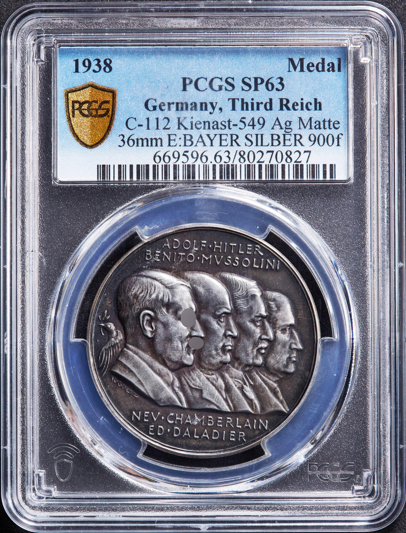 【俄甄集藏】“万象更新、马呈祥瑞”迎新春俄甄精品场-2026年(047)01-21 星期三 晚 19:30 全场包邮 德国第三帝国1938年《慕尼黑协定》四巨头纪念银章，PCGS SP63，酱彩包浆，稀少品种，德国总理、墨索里尼、张伯伦、达拉第，原图联系客服或者查询相关官网查看