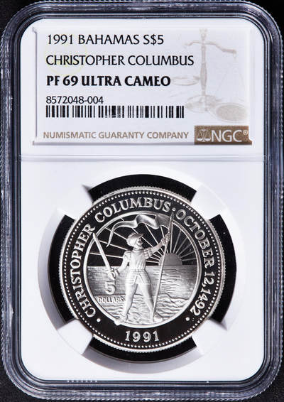 【俄甄集藏】“万象更新、马呈祥瑞”迎新春俄甄精品场-2026年(047)01-21 星期三 晚 19:30 全场包邮 - 巴哈马1991年纪念哥伦布发现美洲大陆5元精制银币，NGC PF69UC，重19.44克，925银，发行量7000枚，设计精美