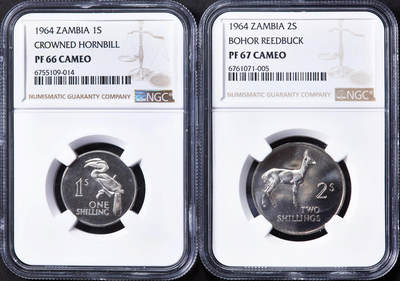 【俄甄集藏】“万象更新、马呈祥瑞”迎新春俄甄精品场-2026年(047)01-21 星期三 晚 19:30 全场包邮 - 赞比亚1964年动物国徽版精制1、2先令镍币2枚一组，NGC PF66/67 CAMEO，精制稀有，发行量5000枚