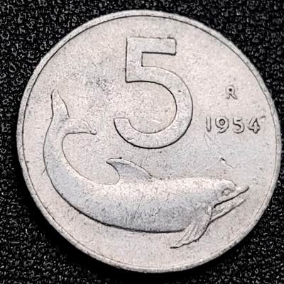 泉币菌-第171场- 精品福利场 - 1954 意大利5里拉铝币 海豚 20.2mm 早期