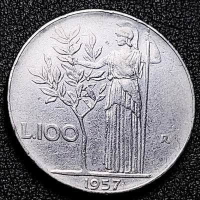 泉币菌-第171场- 精品福利场 - 1957 意大利早期100里拉 月亮和记忆女神密涅瓦 不锈钢币 27.8mm