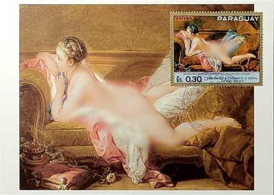 ↓君缘收藏719期☞钱币邮品↓无佣金、可寄存、满30元包邮  - 巴拉圭邮票，1970年慕尼黑老绘画陈列馆的世界名作,弗朗索瓦·布歇绘画《躺在沙发上的奥达丽斯克》邮票极限片，有多枚随机发一枚