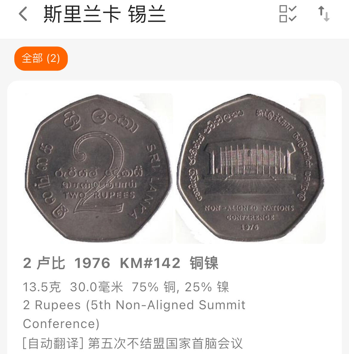 回流0120 全新 斯里兰卡1976年2卢比纪念币 第五次不结盟国家首脑会议