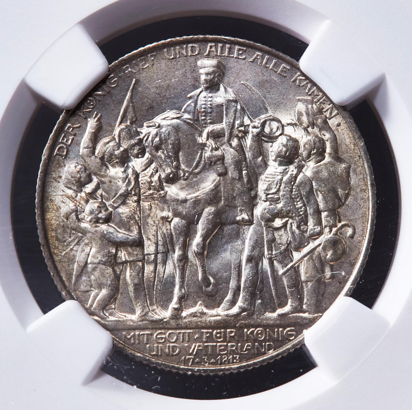 【俄甄集藏】“万象更新、马呈祥瑞”迎新春俄甄精品场-2026年(047)01-21 星期三 晚 19:30 全场包邮 德国普鲁士1913年A版反法战争胜利百年2、3马克银币2枚一套，NGC MS63，转光品相