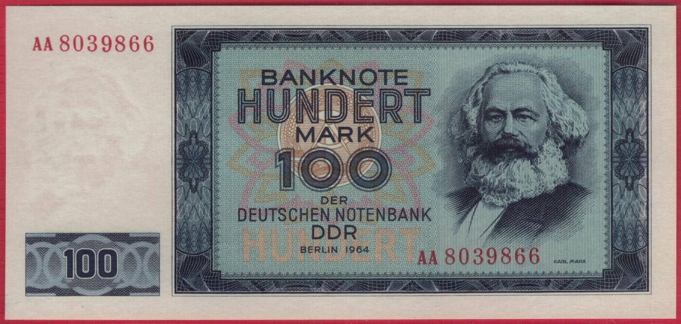 德国(民主德国 东德)1964年100马克 P-26a AA冠 无47 双尾66 实物图 UNC