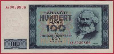 德国(民主德国 东德)1964年100马克 P-26a AA冠 无47 双尾66 实物图 UNC - 德国(民主德国 东德)1964年100马克 P-26a AA冠 无47 双尾66 实物图 UNC