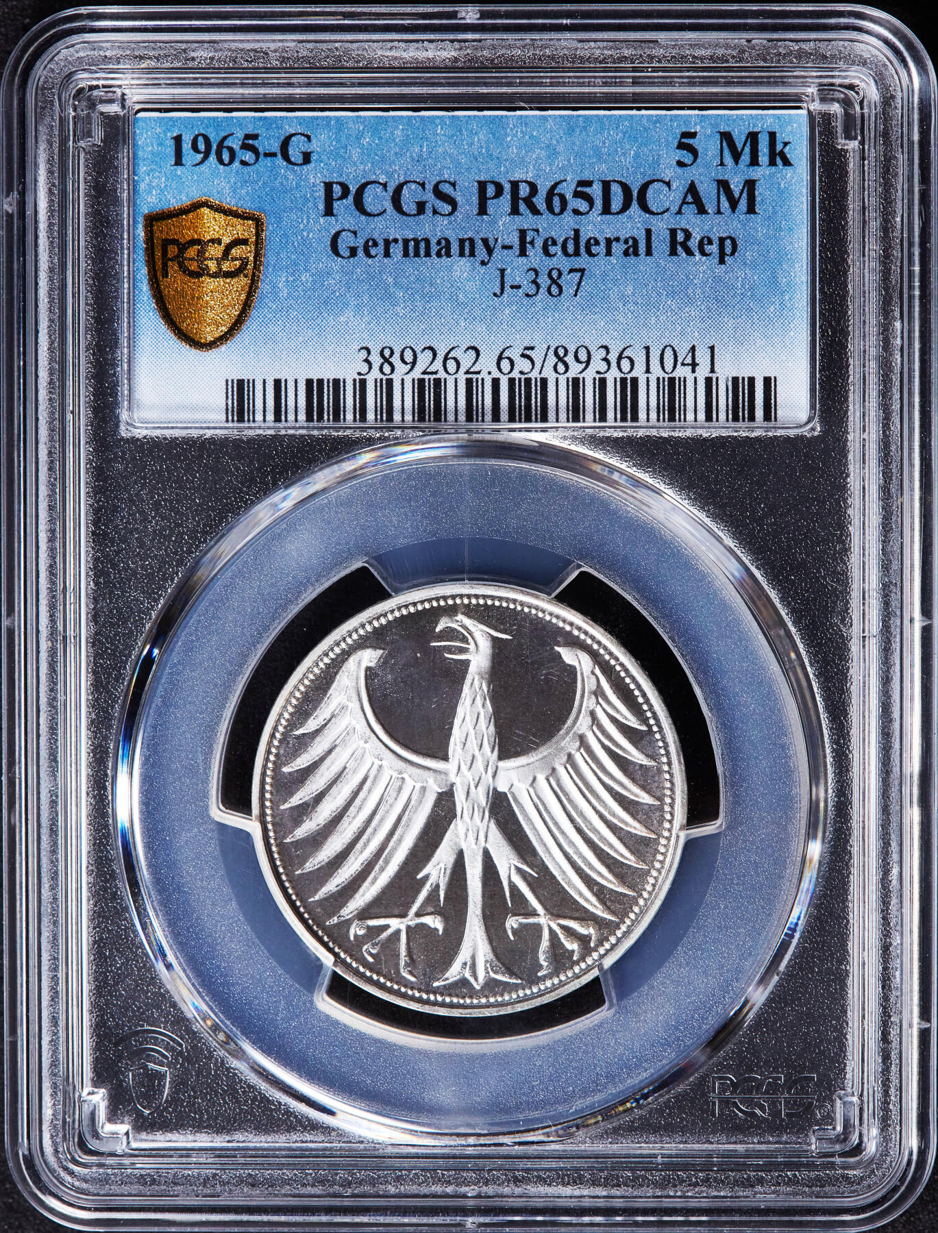 【俄甄集藏】“万象更新、马呈祥瑞”迎新春俄甄精品场-2026年(047)01-21 星期三 晚 19:30 全场包邮 联邦德国（西德）1965年G版5马克精制银币，PCGS PR65DC，重11.2克，625银，精制稀少，发行量只有8233枚