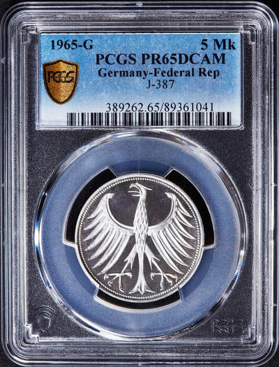 【俄甄集藏】“万象更新、马呈祥瑞”迎新春俄甄精品场-2026年(047)01-21 星期三 晚 19:30 全场包邮 - 联邦德国（西德）1965年G版5马克精制银币，PCGS PR65DC，重11.2克，625银，精制稀少，发行量只有8233枚
