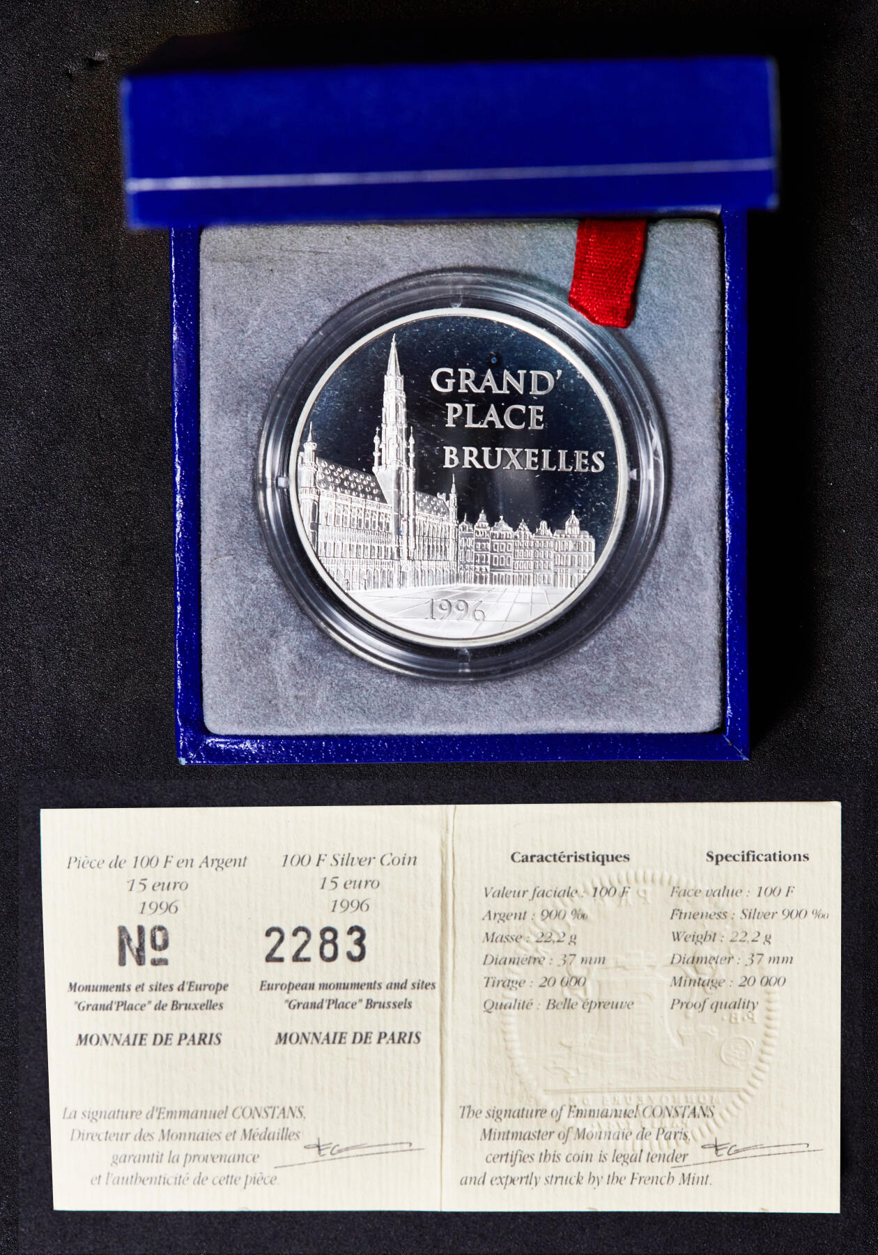 【俄甄集藏】“万象更新、马呈祥瑞”迎新春俄甄精品场-2026年(047)01-21 星期三 晚 19:30 全场包邮 法国1996年欧洲历史建筑系列-布鲁塞尔大广场100法郎/15欧元精制银币，原盒证，重22.22克，900银，发行量20000枚