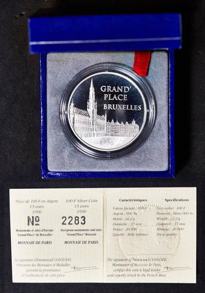 【俄甄集藏】“万象更新、马呈祥瑞”迎新春俄甄精品场-2026年(047)01-21 星期三 晚 19:30 全场包邮 - 法国1996年欧洲历史建筑系列-布鲁塞尔大广场100法郎/15欧元精制银币，原盒证，重22.22克，900银，发行量20000枚