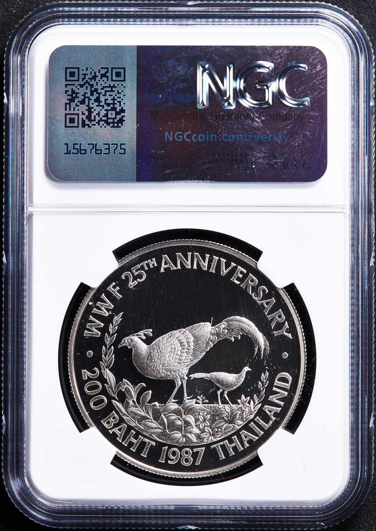 【俄甄集藏】“万象更新、马呈祥瑞”迎新春俄甄精品场-2026年(047)01-21 星期三 晚 19:30 全场包邮 泰国1987年野生动物保护-暹罗火背鹇200铢精制银币，NGC PF68UC，重23.18克，925银，发行量25000枚，设计精美