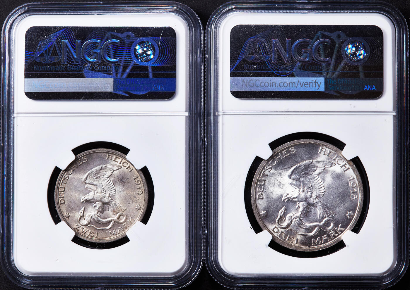 【俄甄集藏】“万象更新、马呈祥瑞”迎新春俄甄精品场-2026年(047)01-21 星期三 晚 19:30 全场包邮 德国普鲁士1913年A版反法战争胜利百年2、3马克银币2枚一套，NGC MS63，转光品相