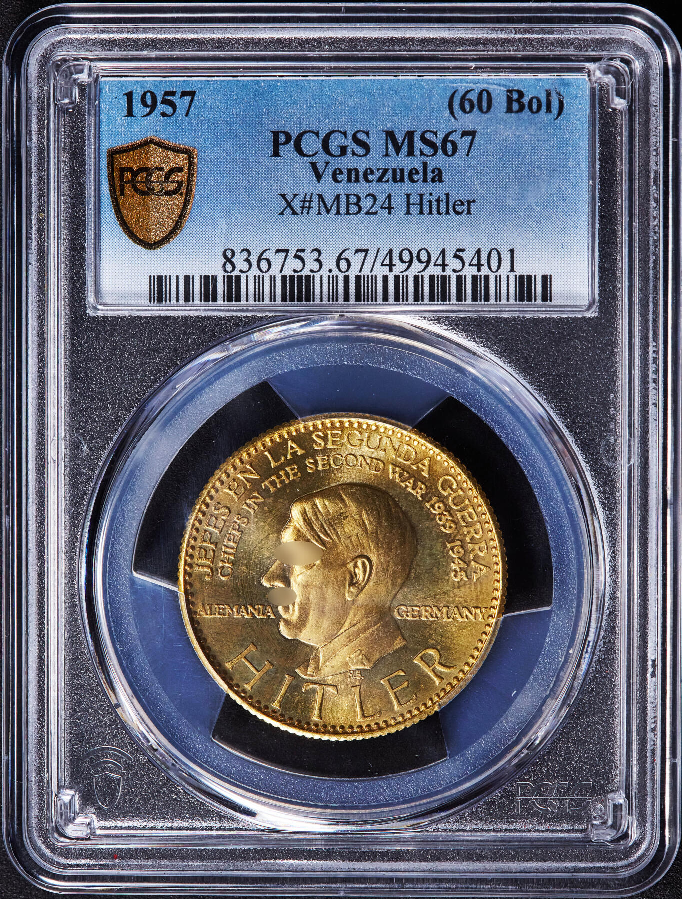 【俄甄集藏】“万象更新、马呈祥瑞”迎新春俄甄精品场-2026年(047)01-21 星期三 晚 19:30 全场包邮 委内瑞拉1957年二战领导人系列-德国总理60玻利瓦尔金币，PCGS MS67，重：22.22克，90%金，稀少品种，冠军分数，原图联系客服或前往对应官网进行查询
