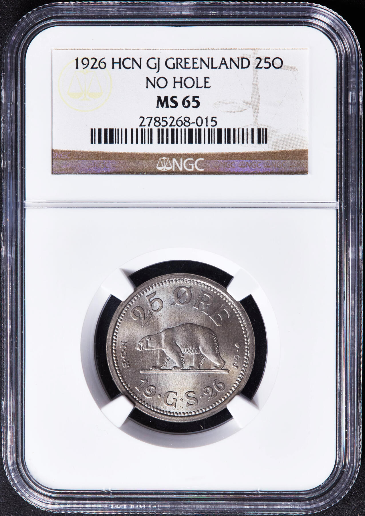 【俄甄集藏】“万象更新、马呈祥瑞”迎新春俄甄精品场-2026年(047)01-21 星期三 晚 19:30 全场包邮 丹属格陵兰岛1926年25欧尔北极熊镍币，NGC MS65，转光品相