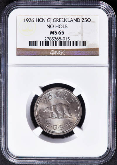 【俄甄集藏】“万象更新、马呈祥瑞”迎新春俄甄精品场-2026年(047)01-21 星期三 晚 19:30 全场包邮 - 丹属格陵兰岛1926年25欧尔北极熊镍币，NGC MS65，转光品相