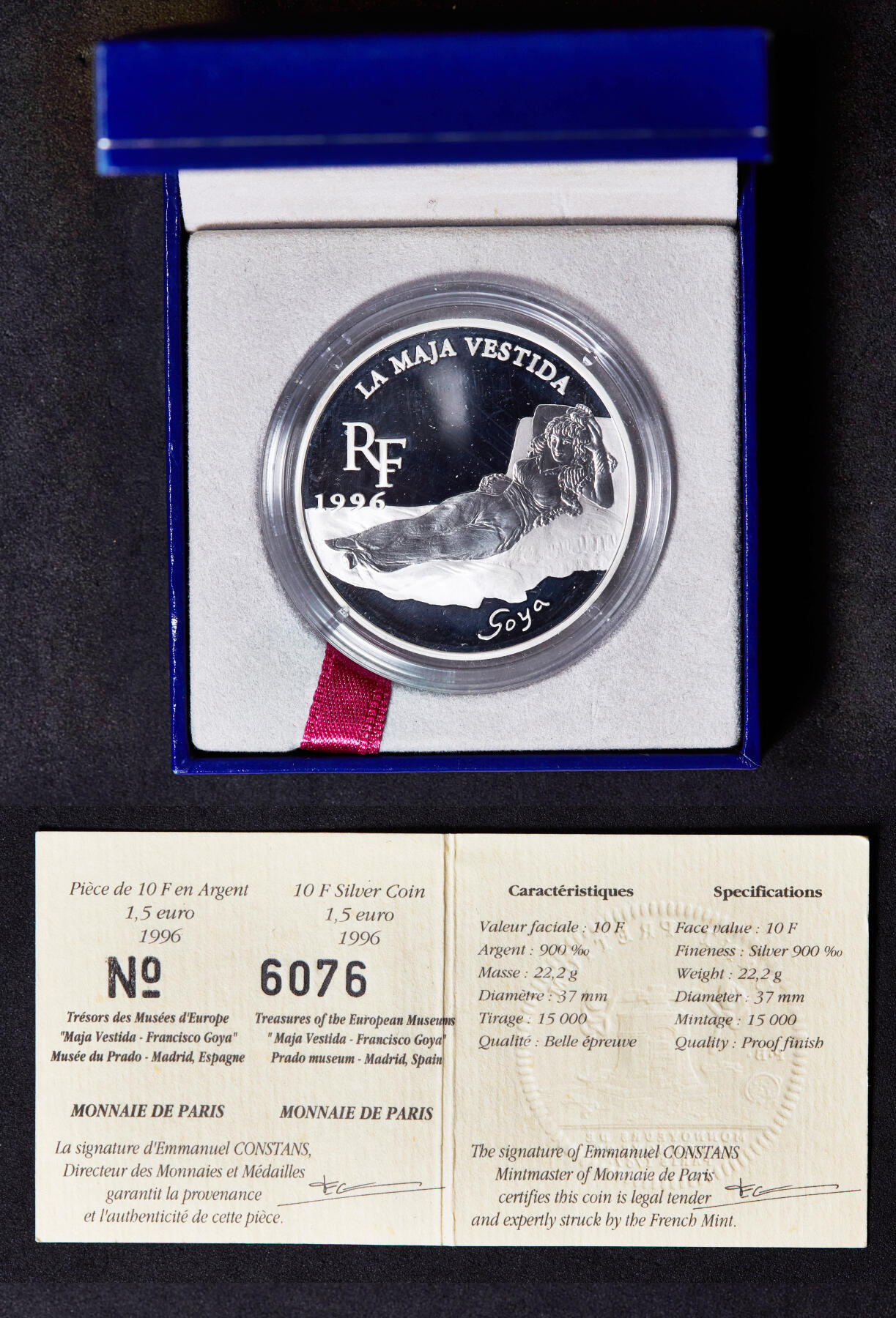 【俄甄集藏】“万象更新、马呈祥瑞”迎新春俄甄精品场-2026年(047)01-21 星期三 晚 19:30 全场包邮 法国1996年欧洲名画系列-戈雅《着衣的玛哈》10法郎/1.5欧元精制银币，原盒证，重22.22克，900银，发行量15000枚