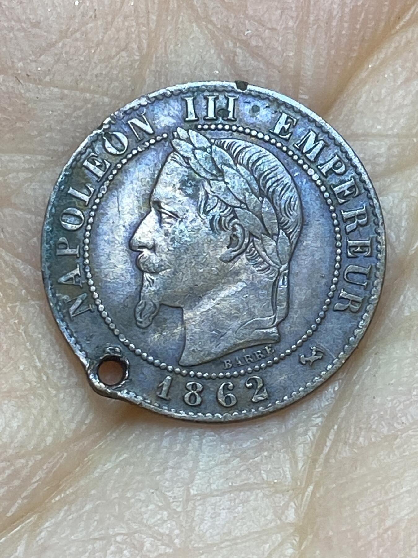 2026年第十场(总第一百七十九场）外国好品散币场(免佣金) 打孔好品–法兰西第二帝国1862年1生丁(拿破仑三世第二版，K标波尔多造)