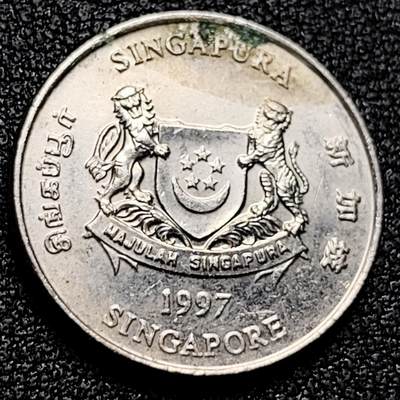 泉币菌-第171场- 精品福利场 - 1997 高币值 新加坡20分 绒球花 高盾徽版 直径21.36mm