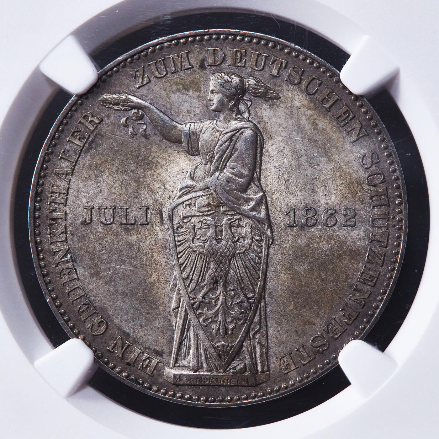 【俄甄集藏】“万象更新、马呈祥瑞”迎新春俄甄精品场-2026年(047)01-21 星期三 晚 19:30 全场包邮 德国1862年法兰克福射击节1泰勒银币，NGC MS63，黄油酱彩，原光品相，热门品种