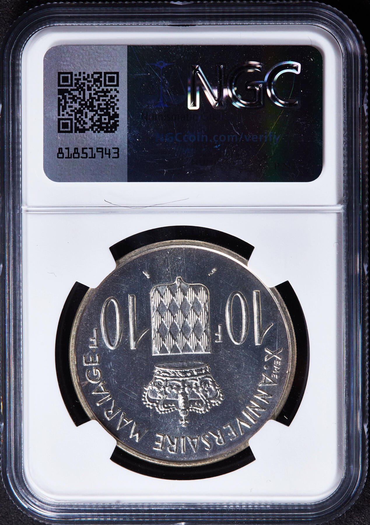 【俄甄集藏】“万象更新、马呈祥瑞”迎新春俄甄精品场-2026年(047)01-21 星期三 晚 19:30 全场包邮 摩纳哥1966年兰尼埃三世亲王结婚十周年5法郎精制银质样币，NGC PF65，重25克，900银，发行量只有1000枚