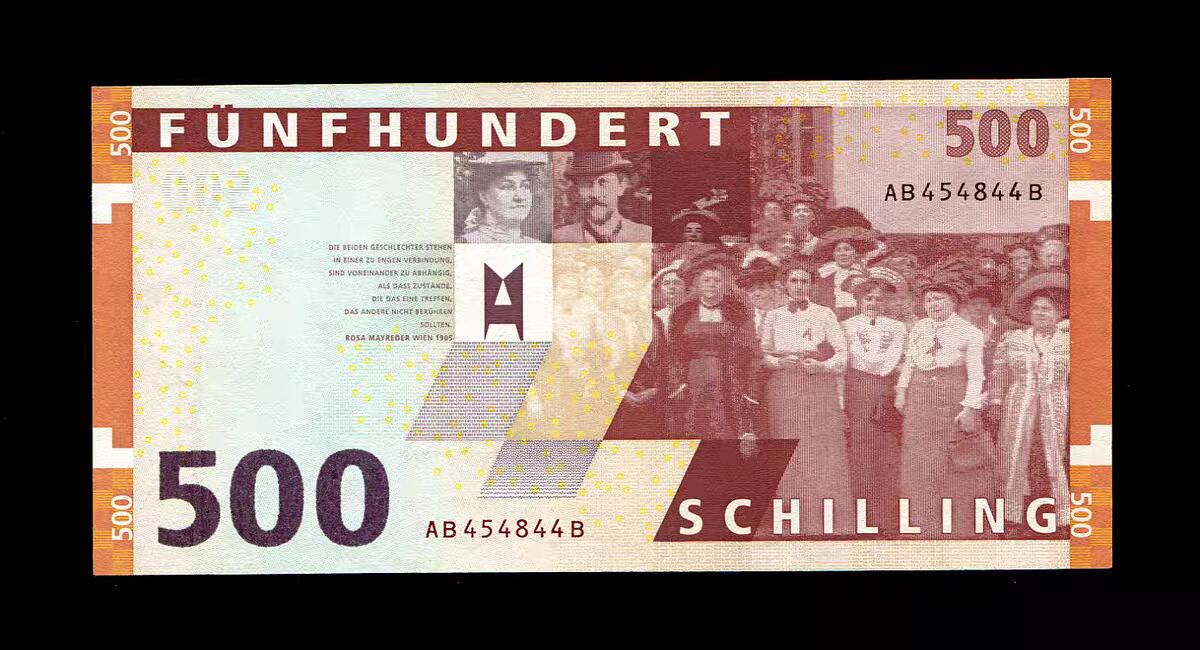 1月17号晚上8点 外国纸币自动截拍第8场 奥地利500先令纸币 1997年末版 罗莎梅雷德 几乎全新