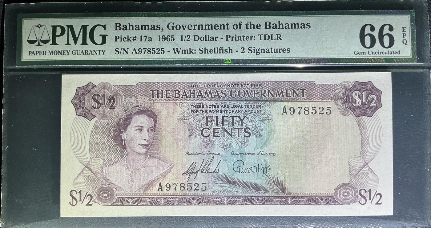 【礼羽收藏】🌏世界钱币拍卖第121期 巴哈马1/2元 1965年 首发A冠 政府版 PMG66