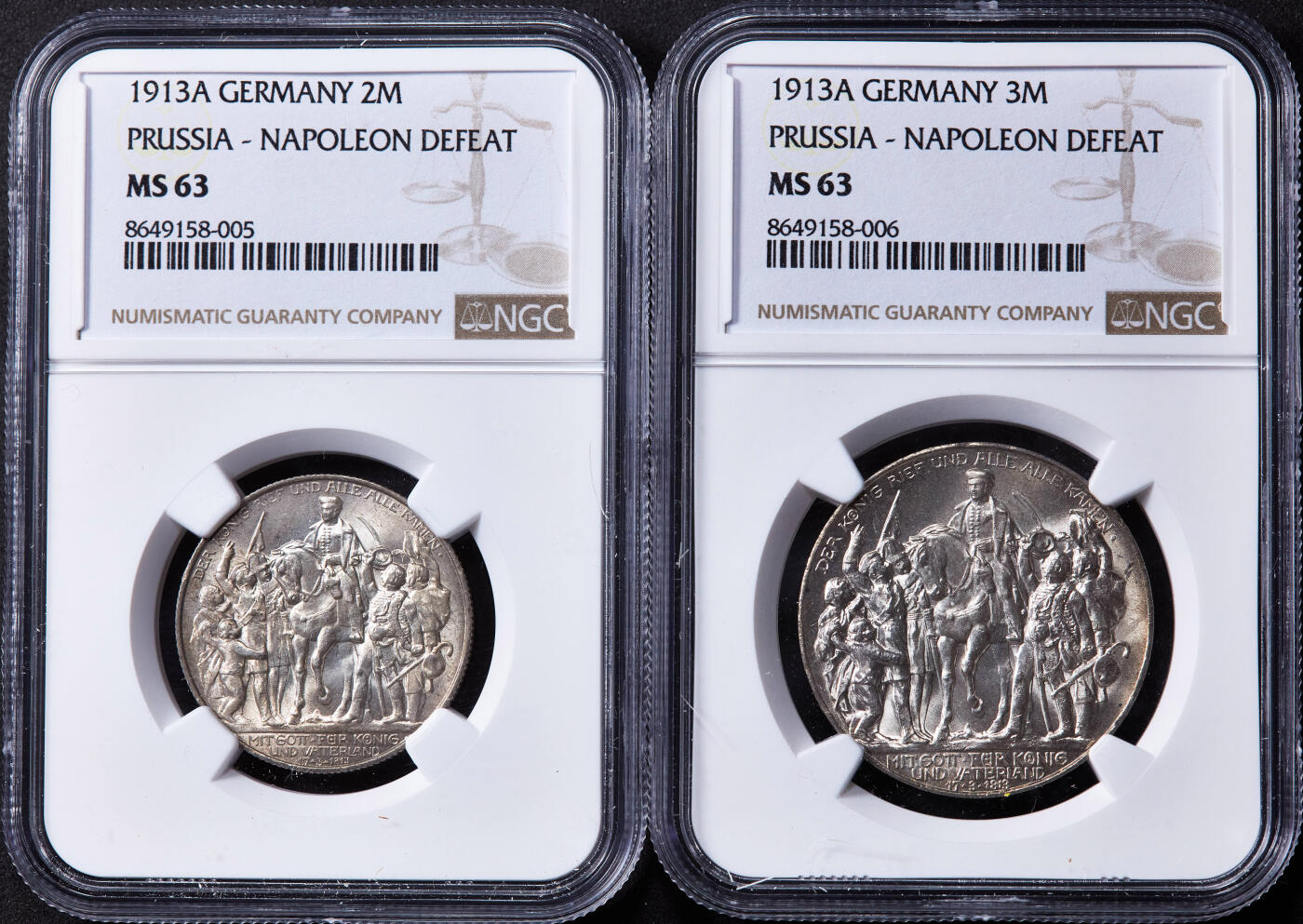 【俄甄集藏】“万象更新、马呈祥瑞”迎新春俄甄精品场-2026年(047)01-21 星期三 晚 19:30 全场包邮 德国普鲁士1913年A版反法战争胜利百年2、3马克银币2枚一套，NGC MS63，转光品相