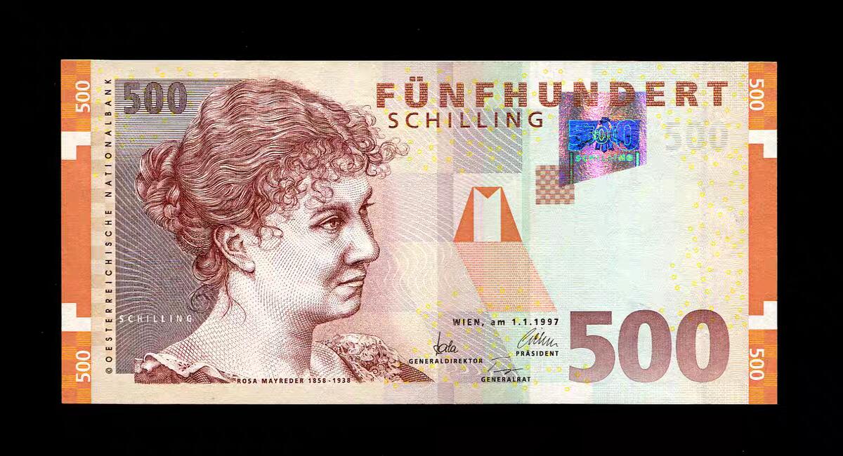 1月17号晚上8点 外国纸币自动截拍第8场 奥地利500先令纸币 1997年末版 罗莎梅雷德 几乎全新
