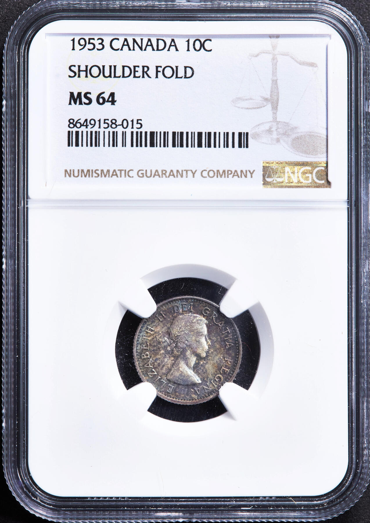 【俄甄集藏】“万象更新、马呈祥瑞”迎新春俄甄精品场-2026年(047)01-21 星期三 晚 19:30 全场包邮 英属加拿大1953年伊丽莎白二世帆船10分银币，NGC MS64，五彩包浆，转光品相