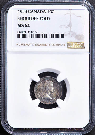 【俄甄集藏】“万象更新、马呈祥瑞”迎新春俄甄精品场-2026年(047)01-21 星期三 晚 19:30 全场包邮 - 英属加拿大1953年伊丽莎白二世帆船10分银币，NGC MS64，五彩包浆，转光品相