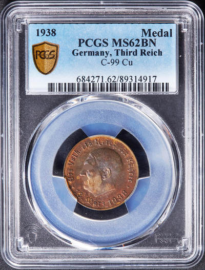 【俄甄集藏】“万象更新、马呈祥瑞”迎新春俄甄精品场-2026年(047)01-21 星期三 晚 19:30 全场包邮 - 德国第三帝国1938年总理头像纪念德奥合并总理归乡铜章，PCGS MS62，少见品种，季军