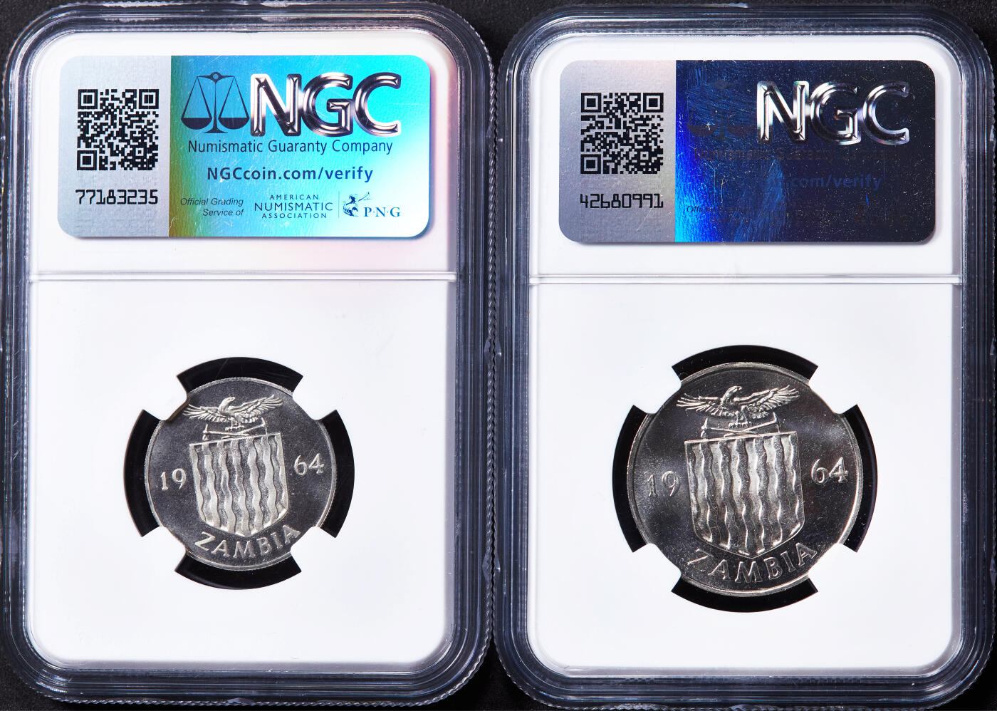 【俄甄集藏】“万象更新、马呈祥瑞”迎新春俄甄精品场-2026年(047)01-21 星期三 晚 19:30 全场包邮 赞比亚1964年动物国徽版精制1、2先令镍币2枚一组，NGC PF66/67 CAMEO，精制稀有，发行量5000枚