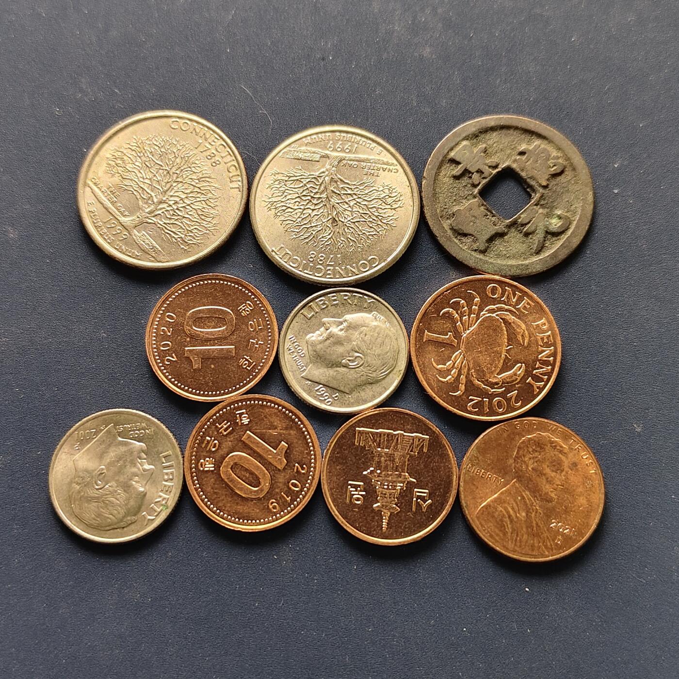 【全场包邮】纯粹捡漏拍496场-持续更新中 世界各国各年份散币10枚一组-美国+韩国+古钱+根西