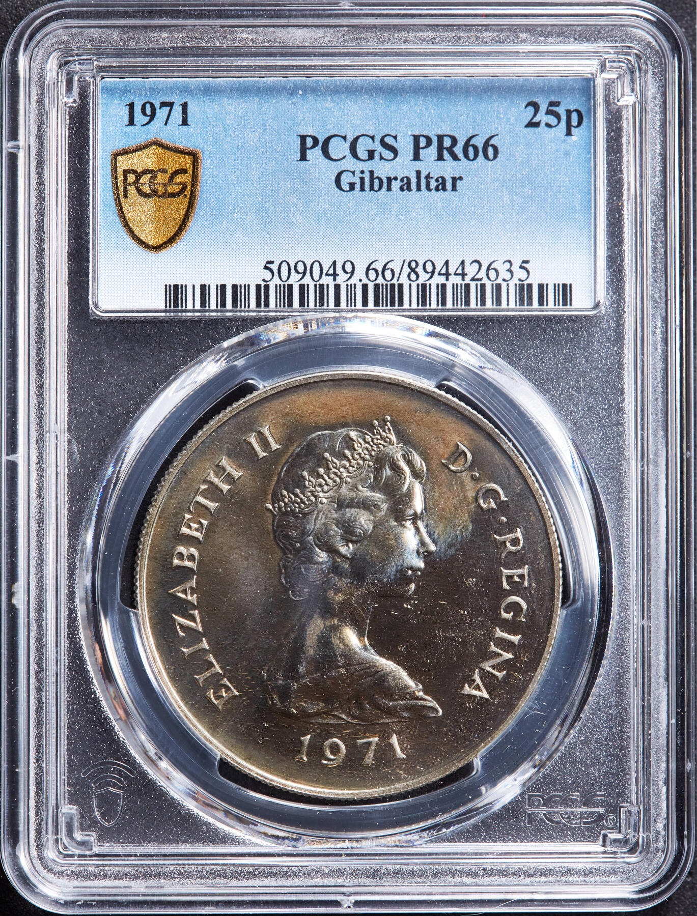 【俄甄集藏】“万象更新、马呈祥瑞”迎新春俄甄精品场-2026年(047)01-21 星期三 晚 19:30 全场包邮 英属直布罗陀1971年伊丽莎白二世25新便士地中海猕猴精制大银币，PCGS PR66，重28.28克，500银，发行量20000枚