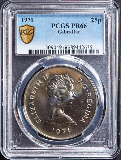 【俄甄集藏】“万象更新、马呈祥瑞”迎新春俄甄精品场-2026年(047)01-21 星期三 晚 19:30 全场包邮 - 英属直布罗陀1971年伊丽莎白二世25新便士地中海猕猴精制大银币，PCGS PR66，重28.28克，500银，发行量20000枚