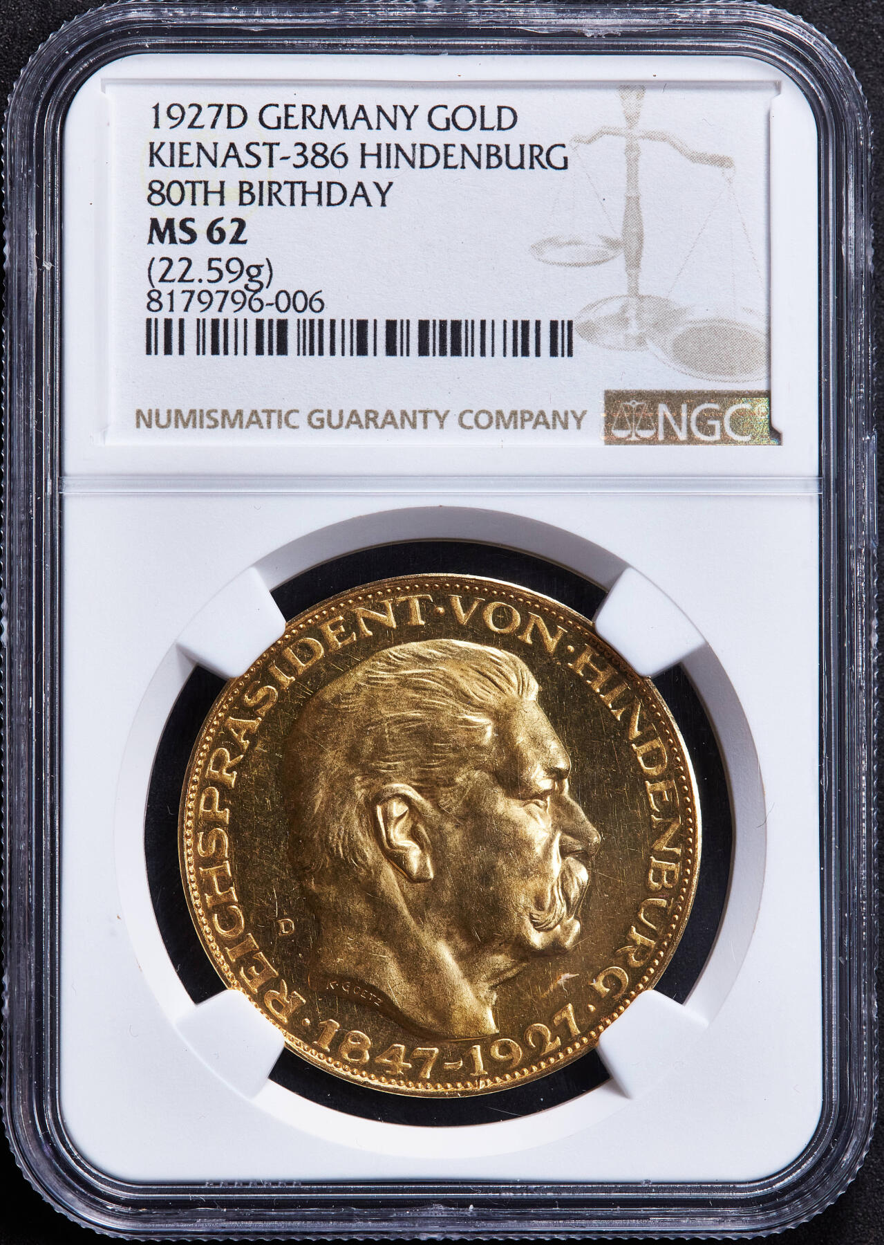 【俄甄集藏】“万象更新、马呈祥瑞”迎新春俄甄精品场-2026年(047)01-21 星期三 晚 19:30 全场包邮 德国魏玛1927年D版兴登堡80寿辰5马克型纪念金章，NGC MS62，类精制底板，卡尔·哥茨作品，重：22.59克，稀少品种