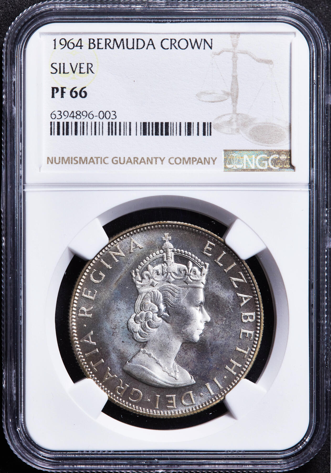 【俄甄集藏】“万象更新、马呈祥瑞”迎新春俄甄精品场-2026年(047)01-21 星期三 晚 19:30 全场包邮 英属百慕大1964年伊丽莎白二世1克朗精制银币，NGC PF66，精制稀少，重22.62克，500银，发行量30000枚