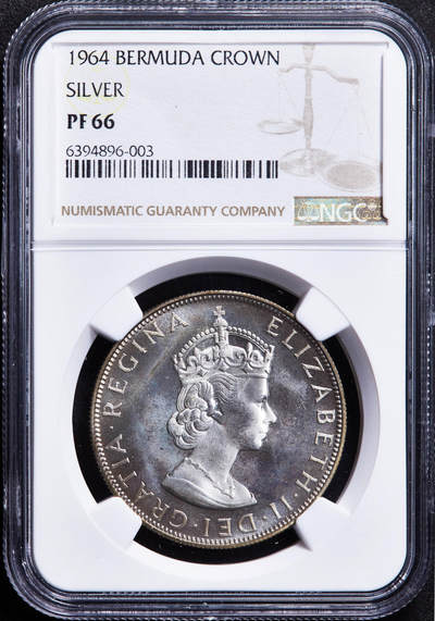 【俄甄集藏】“万象更新、马呈祥瑞”迎新春俄甄精品场-2026年(047)01-21 星期三 晚 19:30 全场包邮 - 英属百慕大1964年伊丽莎白二世1克朗精制银币，NGC PF66，精制稀少，重22.62克，500银，发行量30000枚