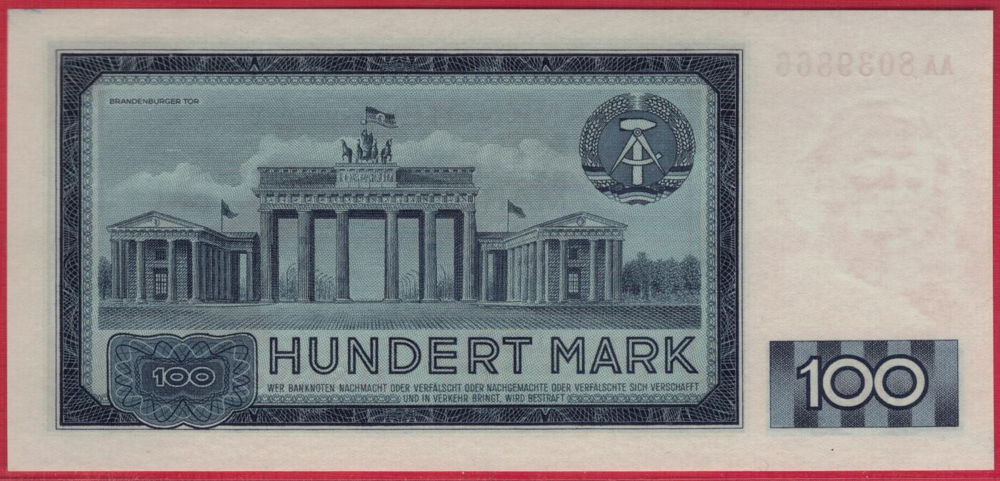 德国(民主德国 东德)1964年100马克 P-26a AA冠 无47 双尾66 实物图 UNC