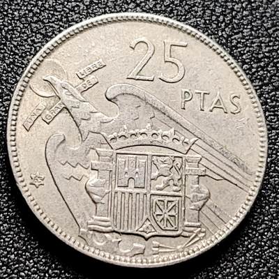 泉币菌-第171场- 精品福利场 - 西班牙1957年25比萨塔 佛朗哥 铜镍币 26.5mm 