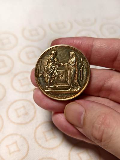 抚柳草堂-第九期章牌钱币（大寒专场） 奖章勋章限时免佣 满百包邮 放漏专场 - 1860法国婚姻与爱情纪念镀金银章  950银18.7g  早期手指银标 原铸精品 手刻字漂亮 细节非常好镀金层完美