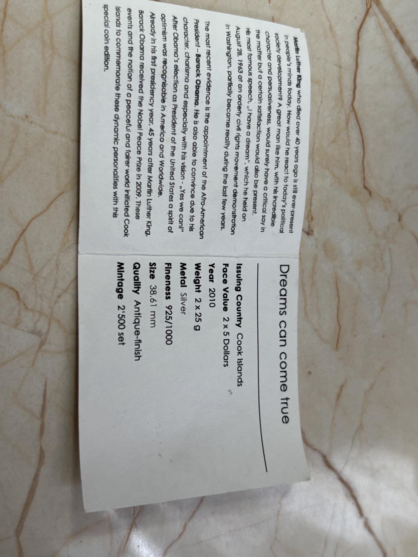 第188期拍卖 库克2010年奥巴马和马丁路德金仿古凹凸纪念银币套带证书，25克*2,925银