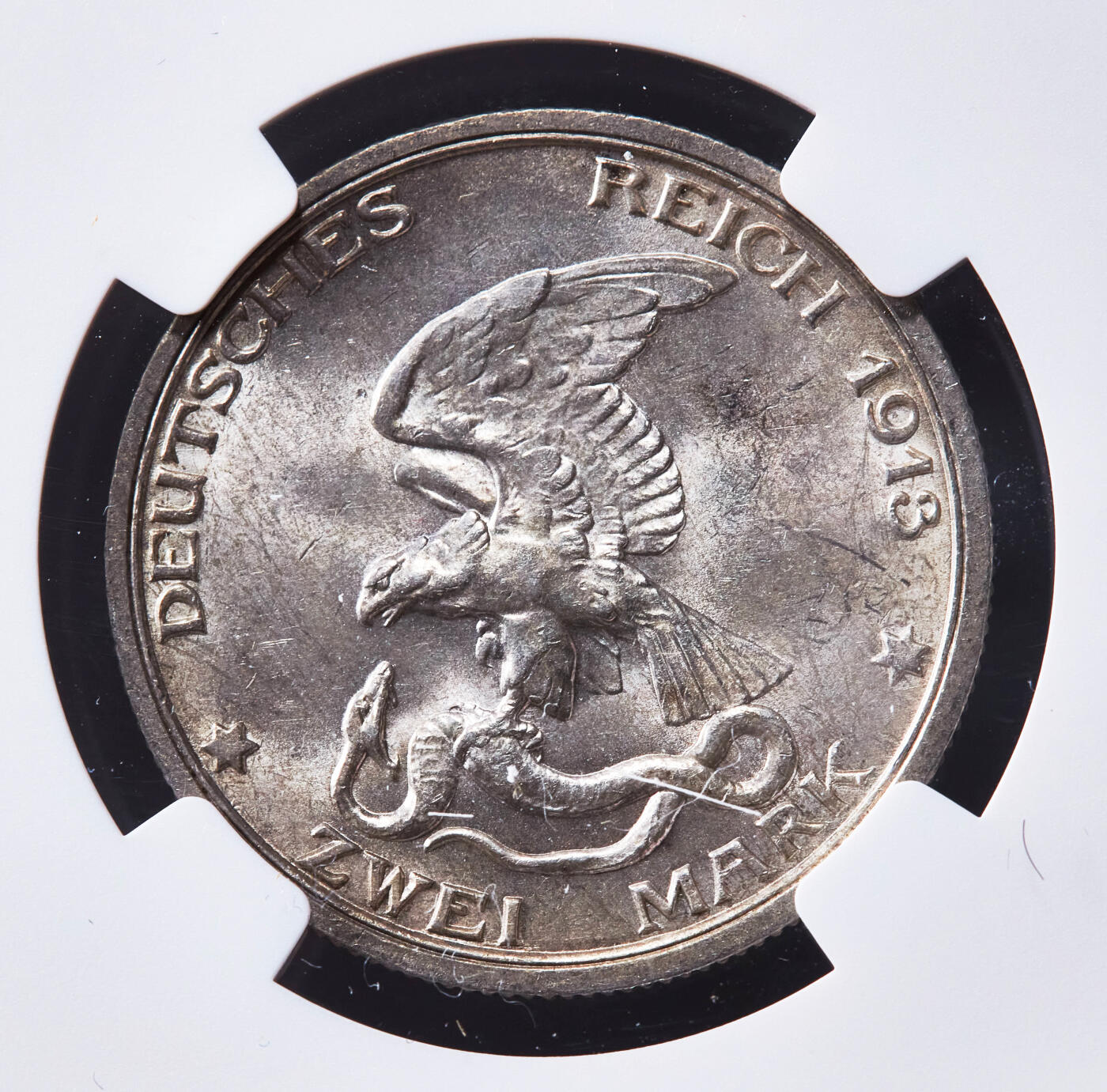 【俄甄集藏】“万象更新、马呈祥瑞”迎新春俄甄精品场-2026年(047)01-21 星期三 晚 19:30 全场包邮 德国普鲁士1913年A版反法战争胜利百年2、3马克银币2枚一套，NGC MS63，转光品相