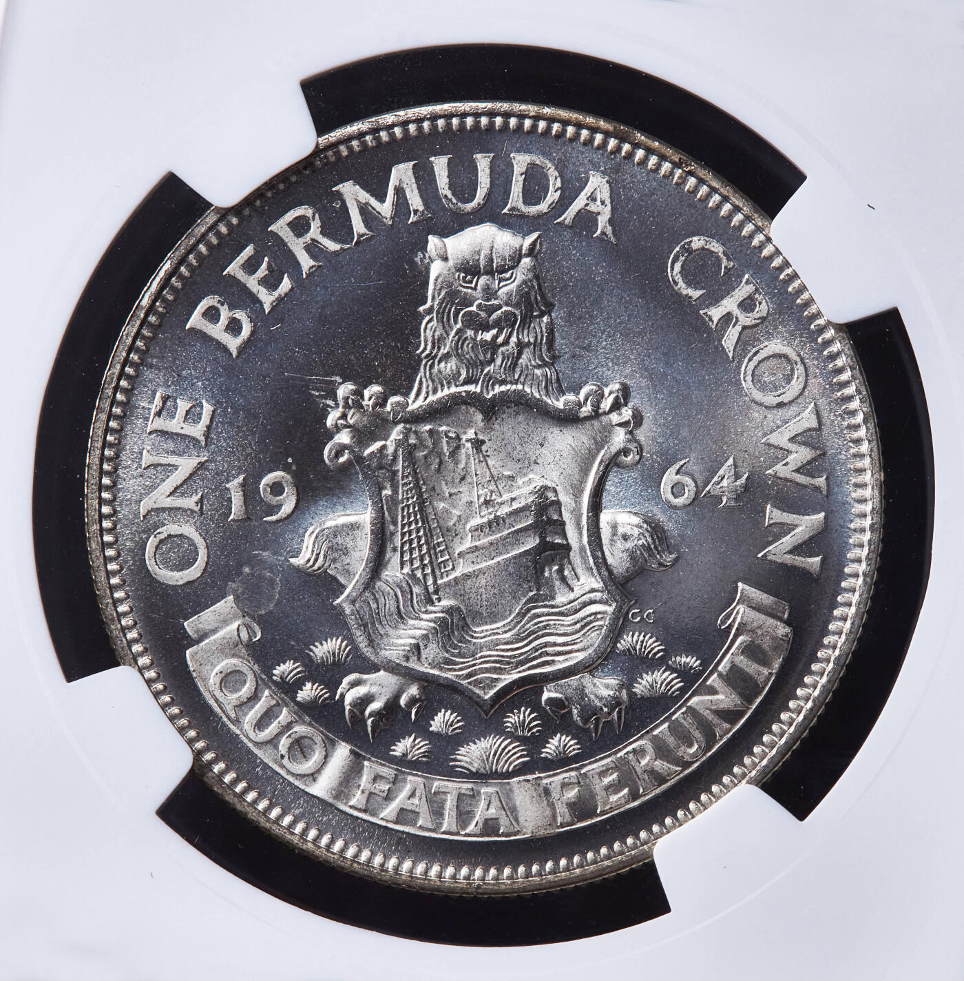 【俄甄集藏】“万象更新、马呈祥瑞”迎新春俄甄精品场-2026年(047)01-21 星期三 晚 19:30 全场包邮 英属百慕大1964年伊丽莎白二世1克朗精制银币，NGC PF66，精制稀少，重22.62克，500银，发行量30000枚