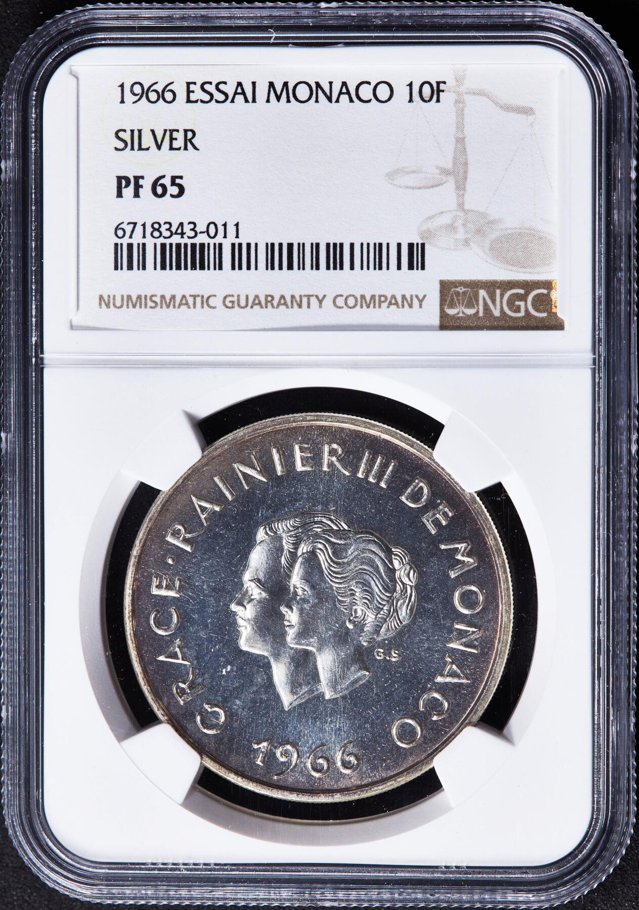 【俄甄集藏】“万象更新、马呈祥瑞”迎新春俄甄精品场-2026年(047)01-21 星期三 晚 19:30 全场包邮 摩纳哥1966年兰尼埃三世亲王结婚十周年5法郎精制银质样币，NGC PF65，重25克，900银，发行量只有1000枚